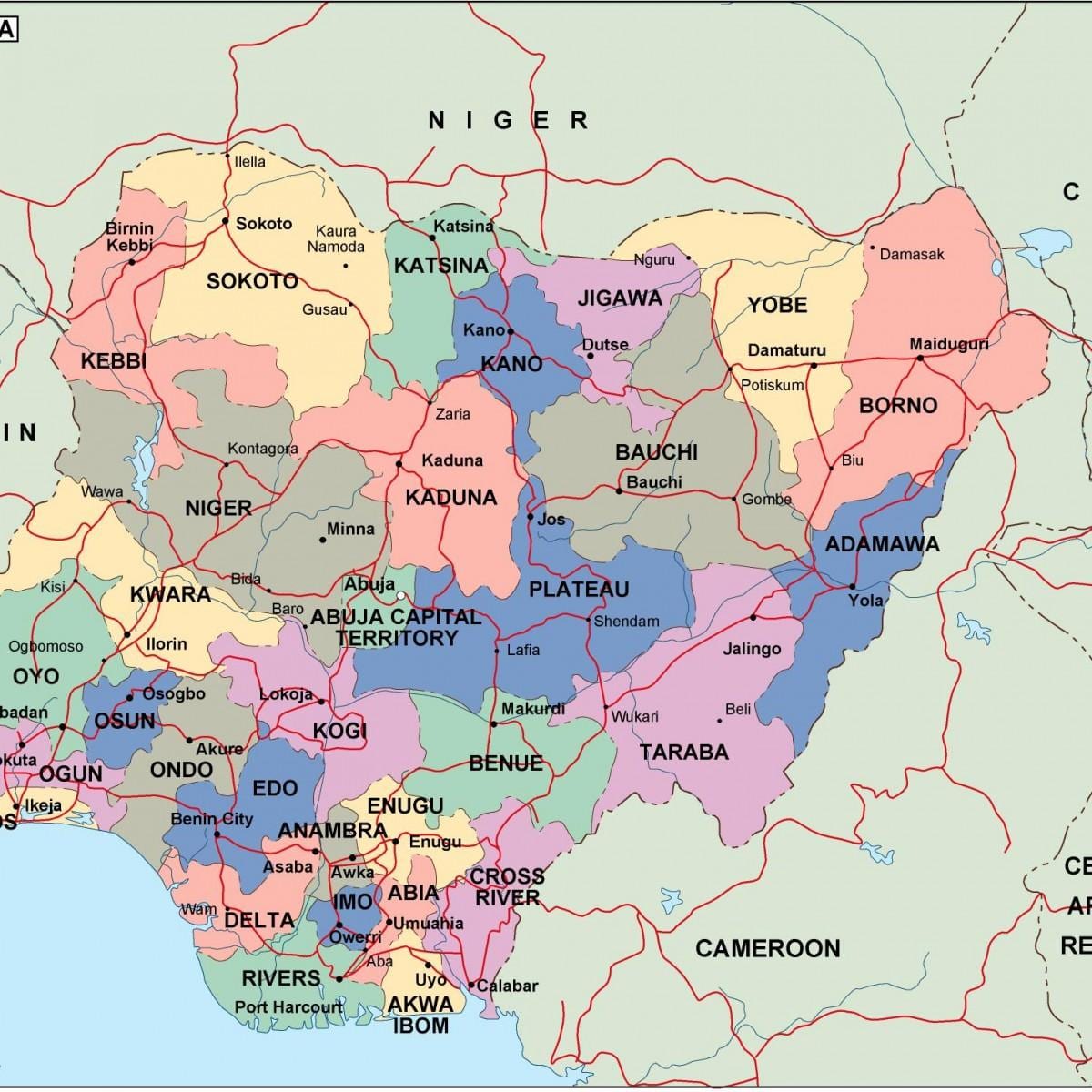 Bản đồ của nigeria với bang và thành phố